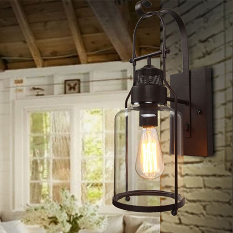 Industrial Iron Glass Cylinder 1-Light Wall Sconce Lamp