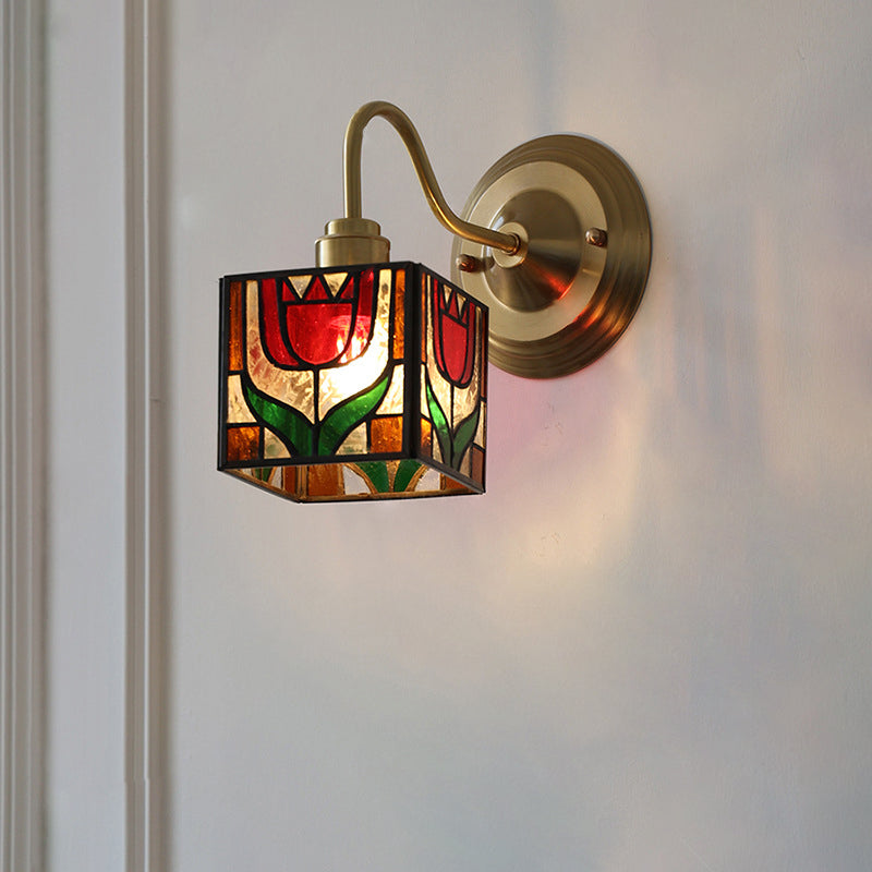 Square Cube Tulip Brass Glass 1-Light Wall Sconce Lamp