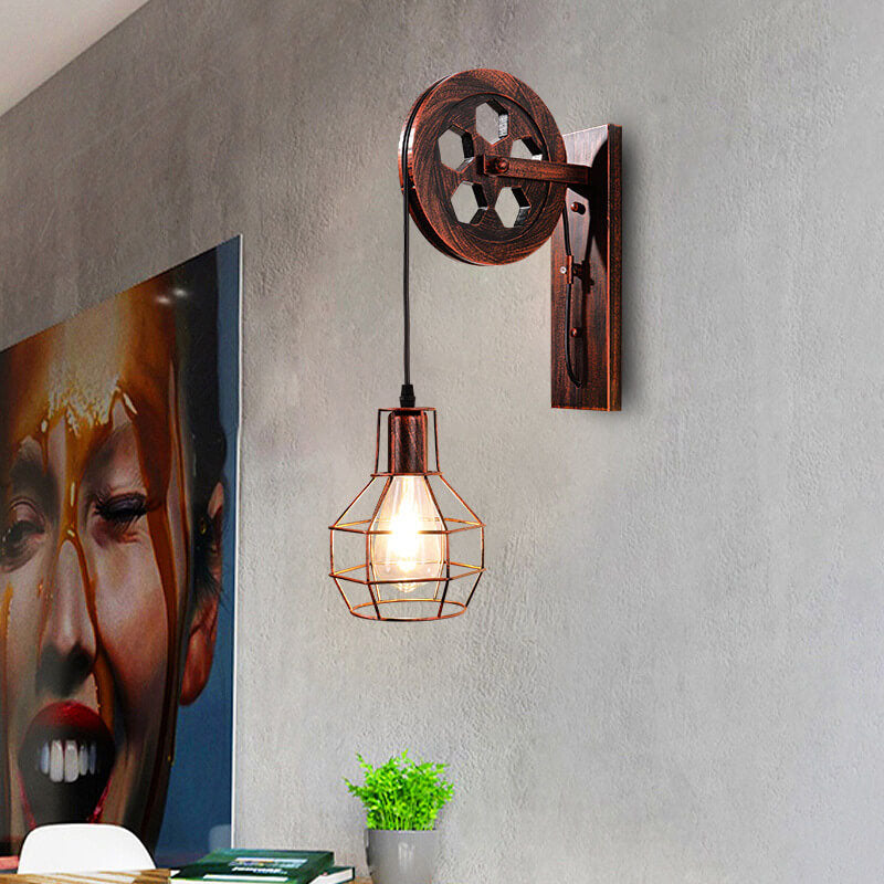 Vintage Iron Pulley Cage 1-Light Wall Sconce Lamp