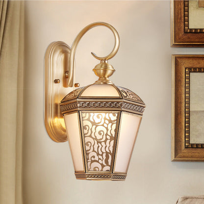 Brass Glass Hexagonal Lantern 1-Light Wall Sconce Lamp