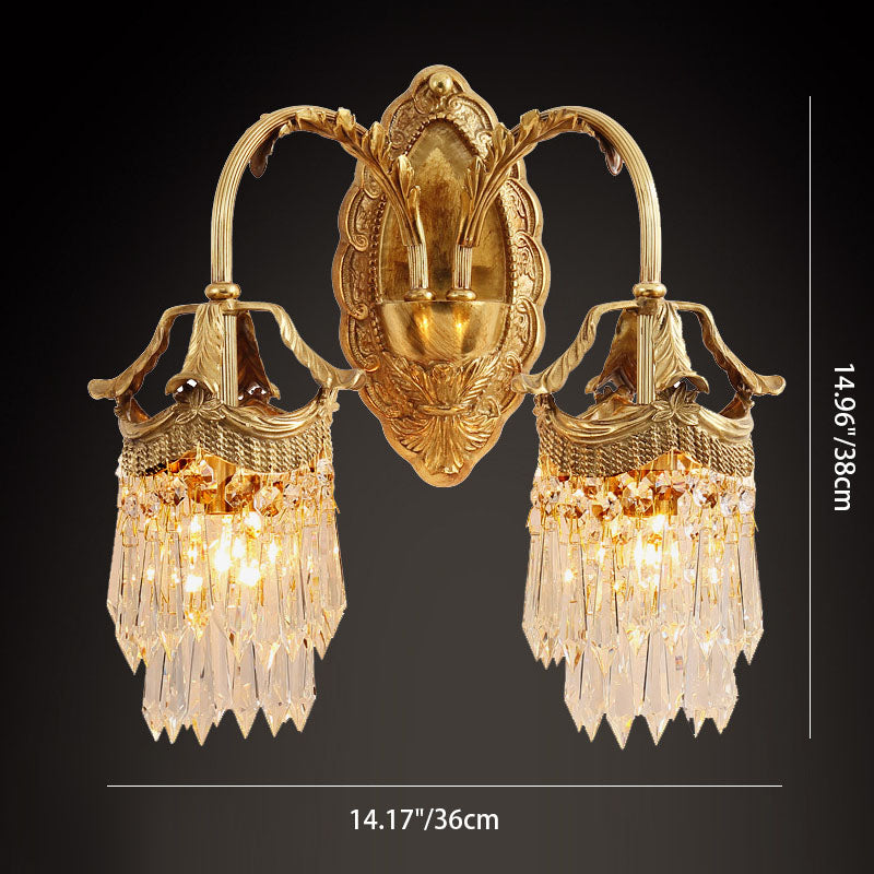 French Carved Leaf Brass Crystal 1/2 Light Wall Sconce Lamp
