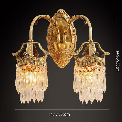 French Carved Leaf Brass Crystal 1/2 Light Wall Sconce Lamp