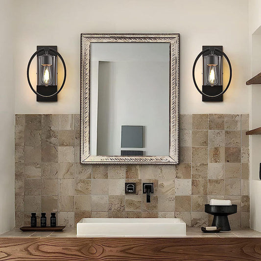 Iron Ring Glass Cylinder Shade 1-Light Wall Sconce Lamp