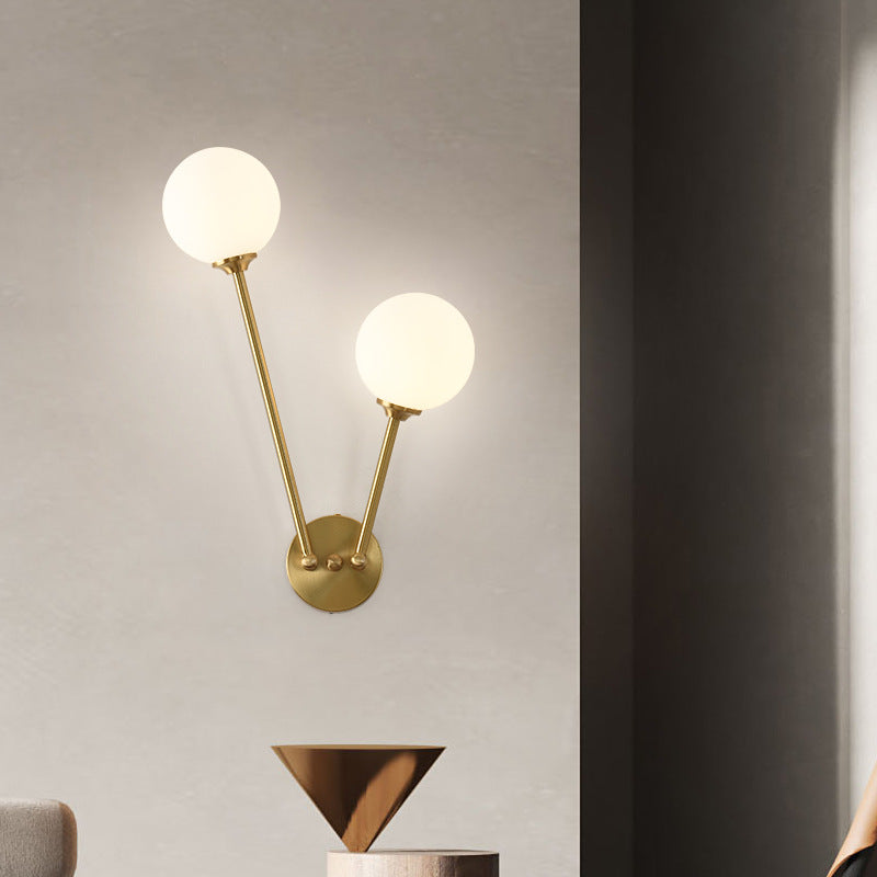 Nordic Copper Glass Ball V-Shaped 2-Light Wall Sconce Lamp