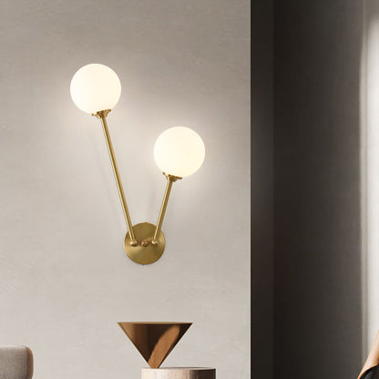 Nordic Copper Glass Ball V-Shaped 2-Light Wall Sconce Lamp