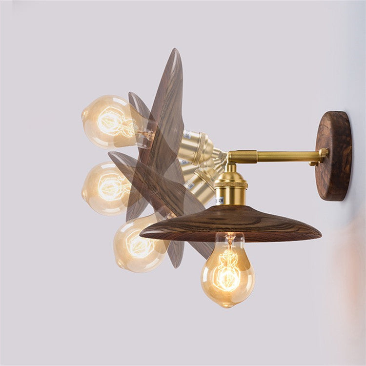Round Wood Grain Brass Wood 1-Light Wall Sconce Lamp