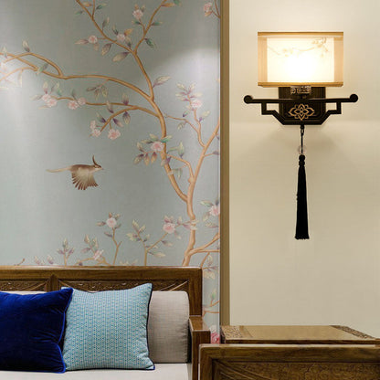 Chinese Tasseled Iron Fabric 1-Light Wall Sconce Lamp