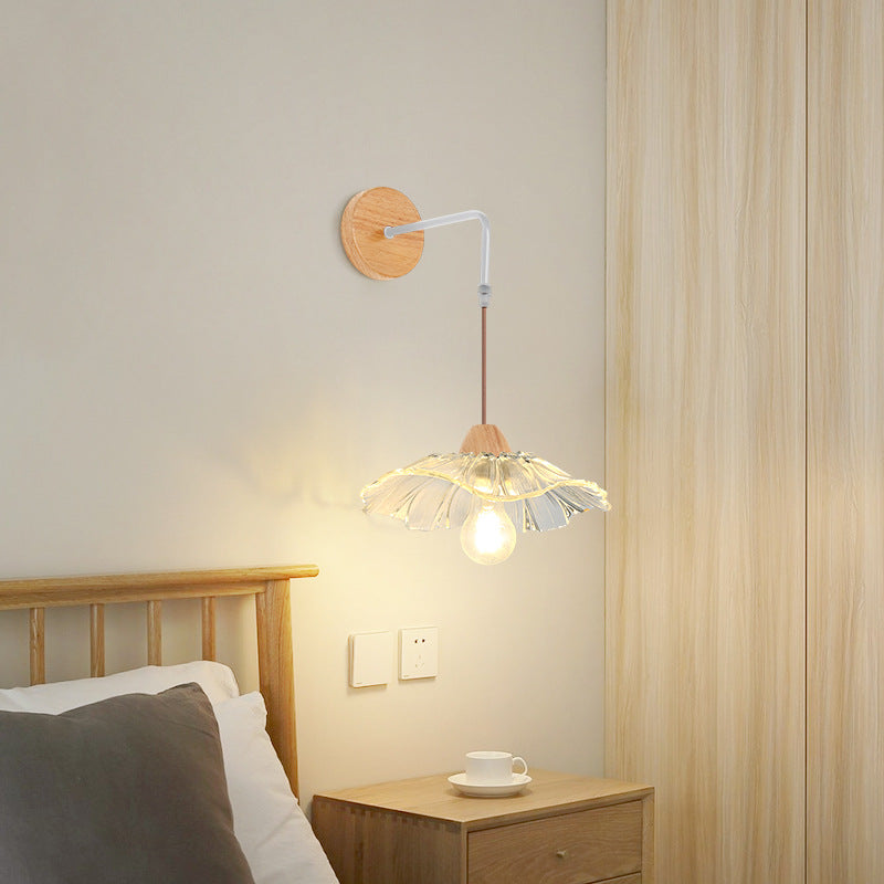 Chinese Lotus Leaf Flower Walnut 1-Light Wall Sconce Lamp