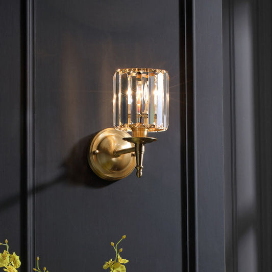 French Crystal Copper Cylinder 1-Light Wall Sconce Lamp