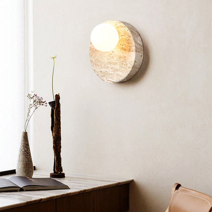 Japanese Yellow Travertine Circle 1-Light Wall Sconce Lamp