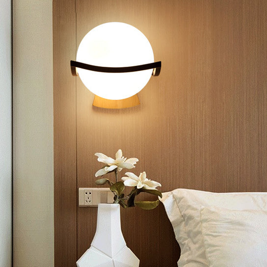 Minimalist Spherical Wood Glass 1-Light Wall Sconce Lamp
