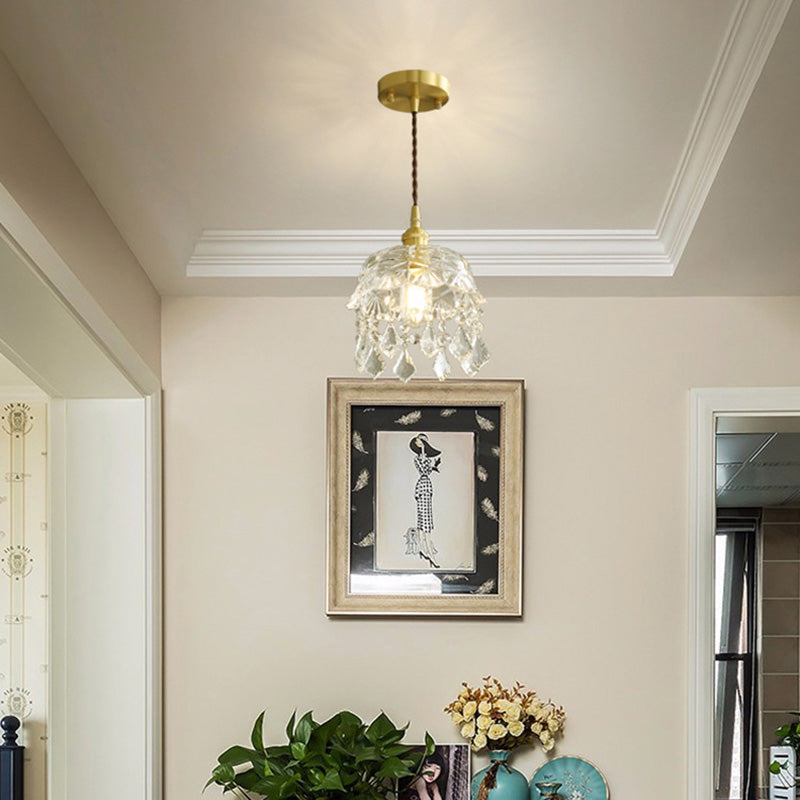 Round Carved Brass Glass Crystal 1-Light Pendant Light