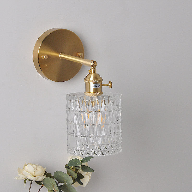 Glass Iron Copper Cylinder Round 1-Light Wall Sconce Lamp