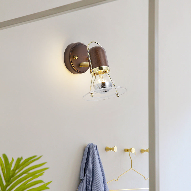 Walnut Acrylic Cylinder Round Disk 1-Light Wall Sconce Lamp