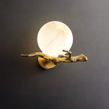 Chinese Twig Orb Brass Marble LED Wall Sconce Lamp