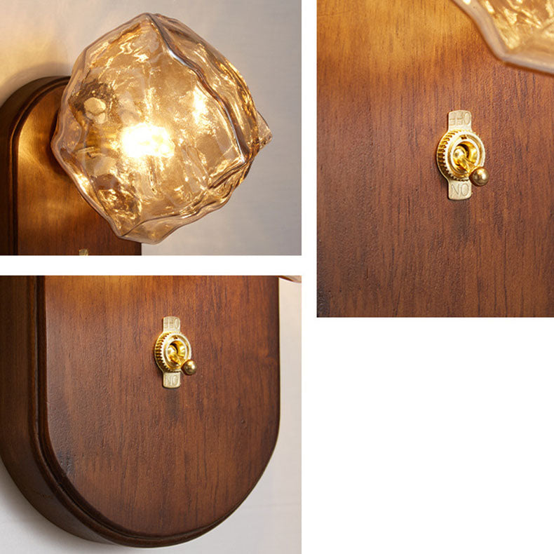 Japanese Shape Solid Wood Glass 1-Light Wall Sconce Lamp