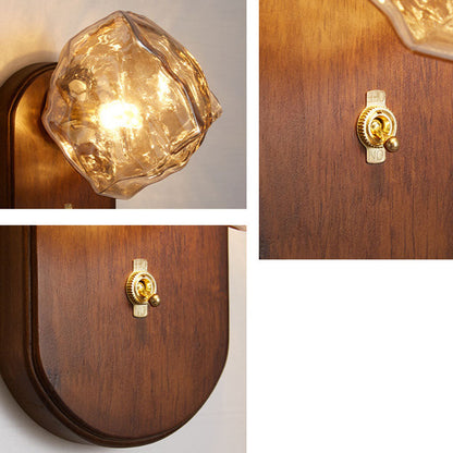 Japanese Shape Solid Wood Glass 1-Light Wall Sconce Lamp