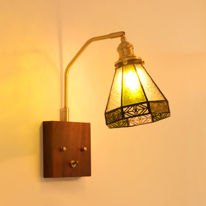 Square Cone All Copper Wood Glass 1-Light Wall Sconce Lamp