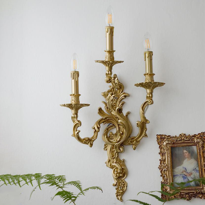 French Brass Candelabra Carved 2/3 Light Wall Sconce Lamp