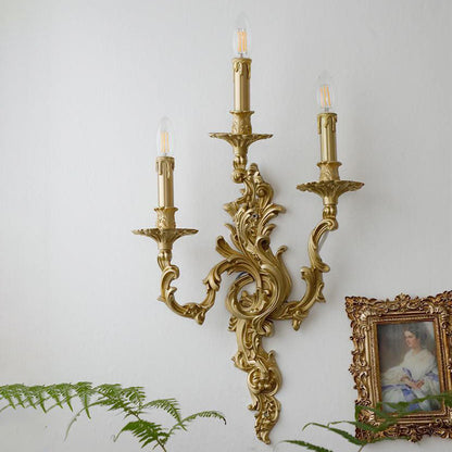 French Brass Candelabra Carved 2/3 Light Wall Sconce Lamp