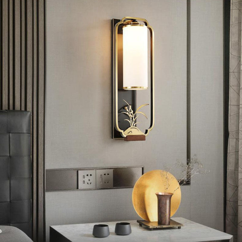 Chinese Glass Cylinder Shade 1-Light Wall Sconce Lamp