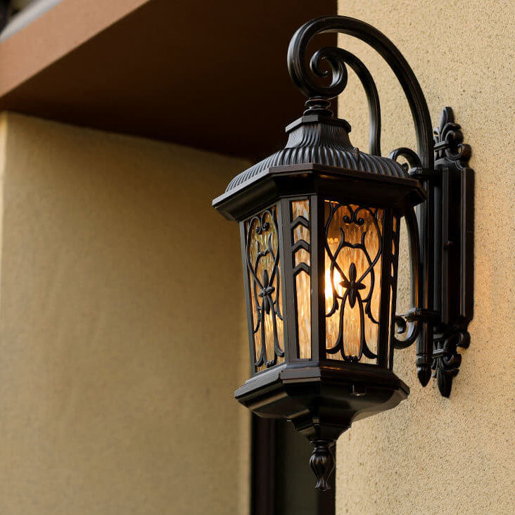 Outdoor Carved Cage Aluminum Glass 1-Light Wall Sconce Lamp