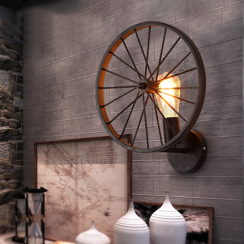 Industrial Round Wheel Iron Glass 1-Light Wall Sconce Lamp