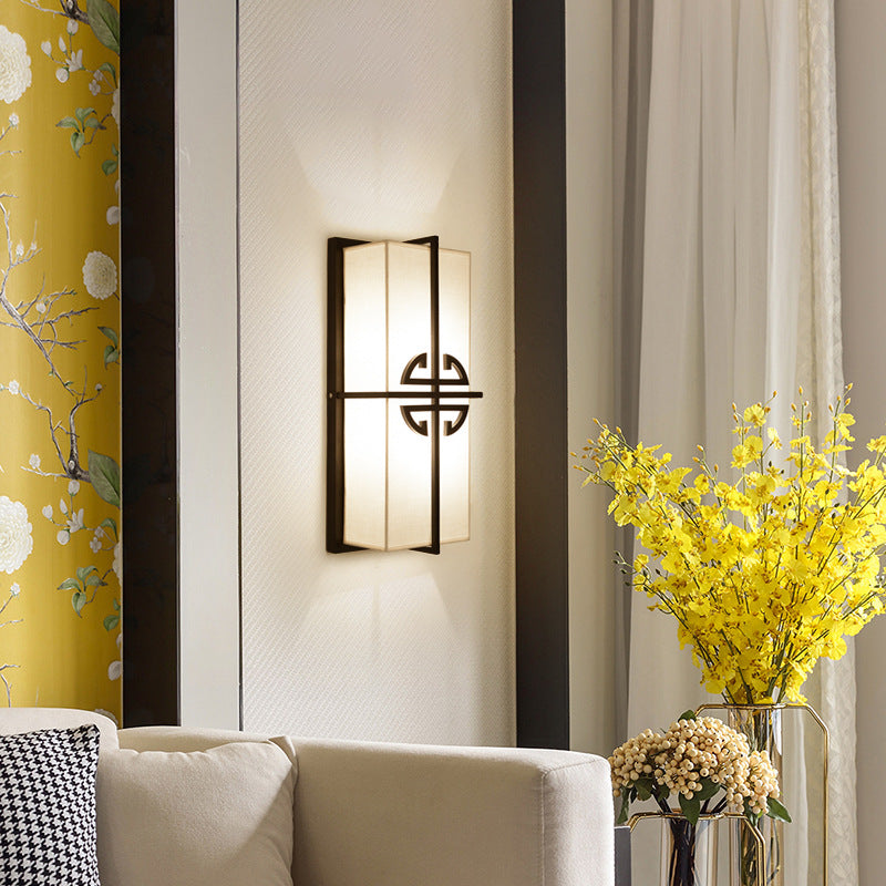 Chinese Rectangle Iron Fabric 2-Light Wall Sconce Lamp