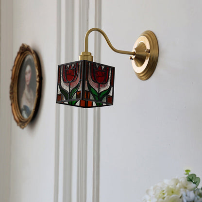 Square Cube Tulip Brass Glass 1-Light Wall Sconce Lamp