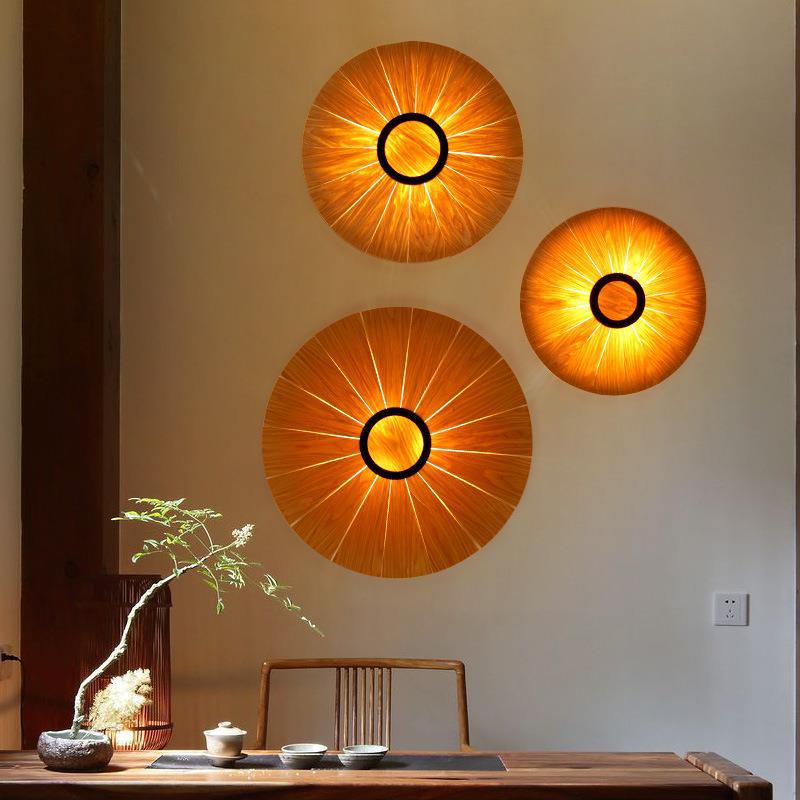 Round Cherry Veneer Oak Veneer 1-Light Wall Sconce Lamp