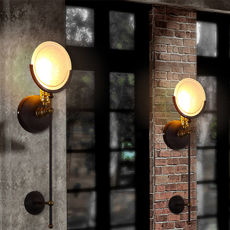 Industrial Iron Glass Round Disc 1-Light Wall Sconce Lamp