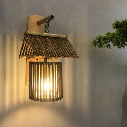 House Bamboo Weaving Cylinder 1-Light Wall Sconce Lamp