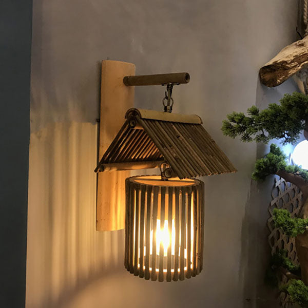 House Bamboo Weaving Cylinder 1-Light Wall Sconce Lamp