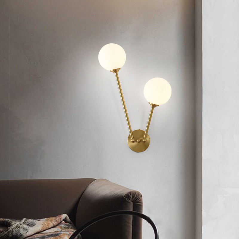 Nordic Copper Glass Ball V-Shaped 2-Light Wall Sconce Lamp