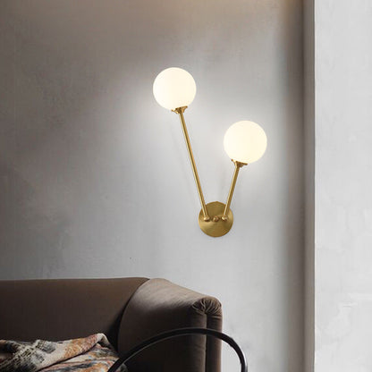 Nordic Copper Glass Ball V-Shaped 2-Light Wall Sconce Lamp
