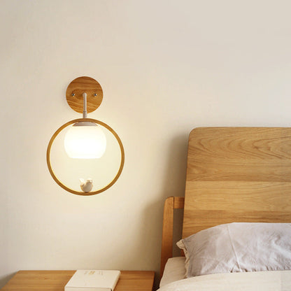 Scandinavian Bird Round Wood Glass 1-Light Wall Sconce Lamp