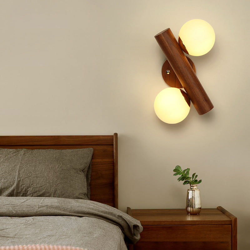 Scandinavian Orb Rubberwood Glass 2-Light Wall Sconce Lamp
