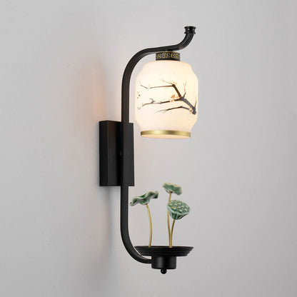Chinese Ceramic Cylinder Lotus 1-Light Wall Sconce Lamp