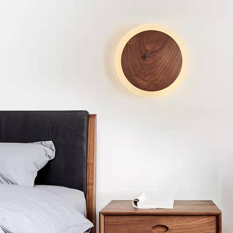 Japanese Black Walnut Round Shade LED Wall Sconce Lamp