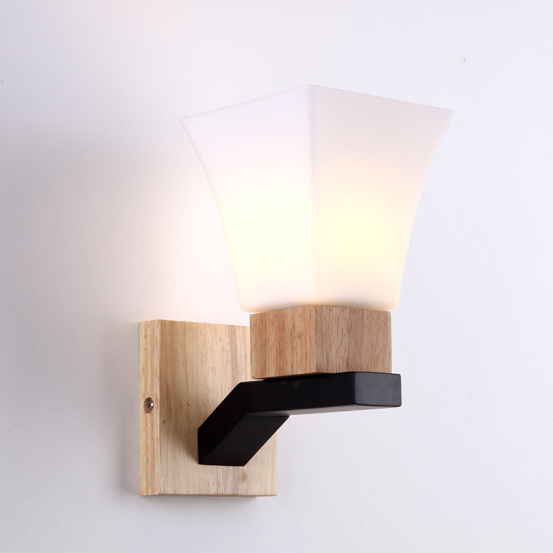 Quadrangular Solid Wood Iron Glass 1-Light Wall Sconce Lamp