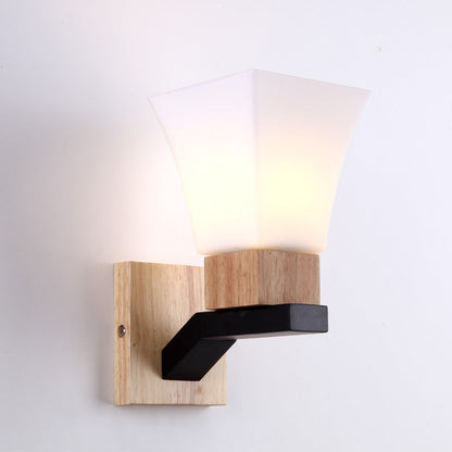Quadrangular Solid Wood Iron Glass 1-Light Wall Sconce Lamp