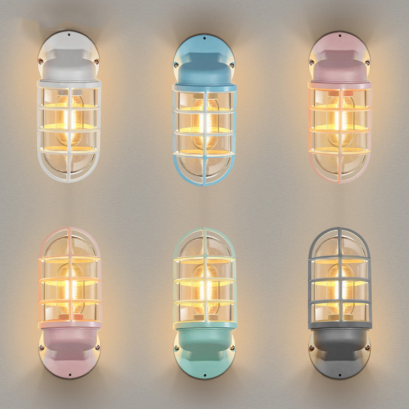 Macaron Cylinder Grid Iron Glass 1-Light Wall Sconce Lamp