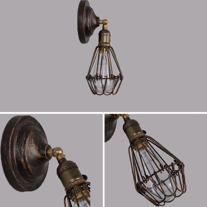 Industrial Iron Bronze Round Frame 1-Light Wall Sconce Lamp