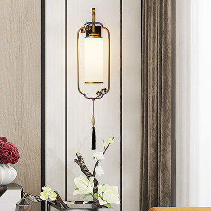 Chinese Copper Iron Glass Column 1-Light Wall Sconce Lamp
