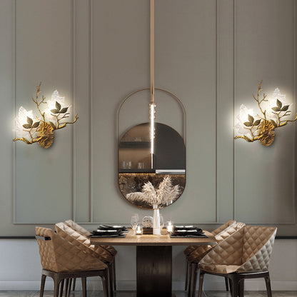 Copper Glass Maple Leaf Branch 2-Light Wall Sconce Lamp