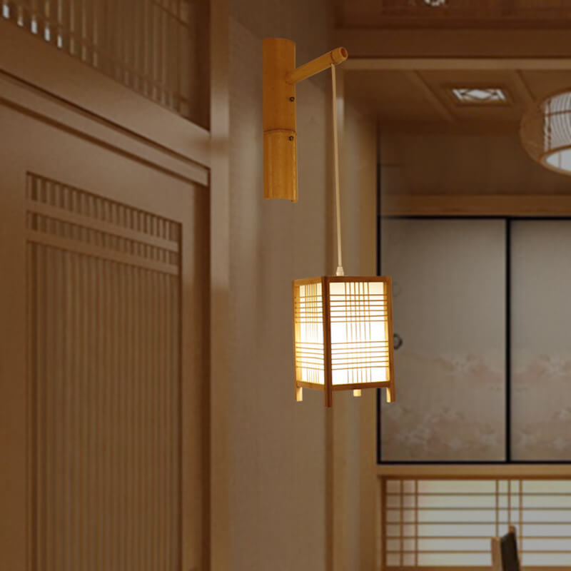 Japanese Style Bamboo Square 1-Light Wall Sconce Lamp