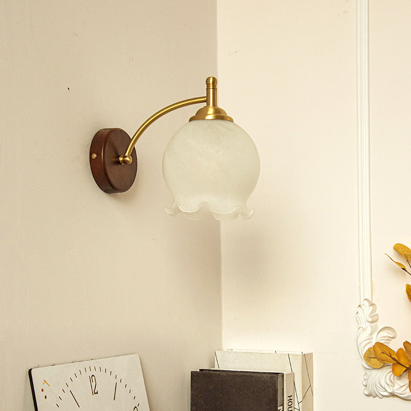 French Flower Shade Solid Wood Base 1-Light Wall Sconce