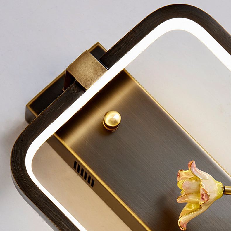 Chinese Copper Rectangular Frame LED Wall Sconce Lamp