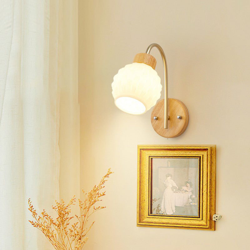 Bell Pleated Glass Shade Wood 1-Light Wall Sconce Lamp