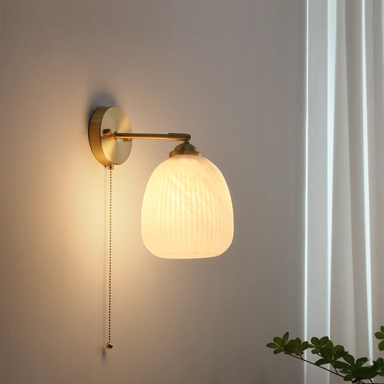 Nordic Striped Milk Glass Brass Pull Cord Wall Sconce